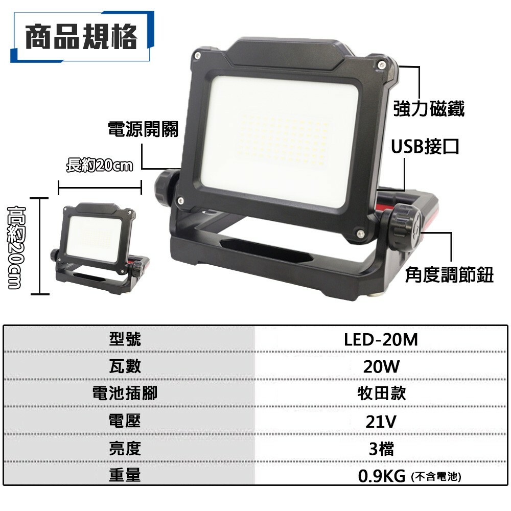 附發票｜LED-20M 鋰電工作燈｜通用牧田18V LED投射燈露營燈 20W爆亮款遇缺貨升級LED30M