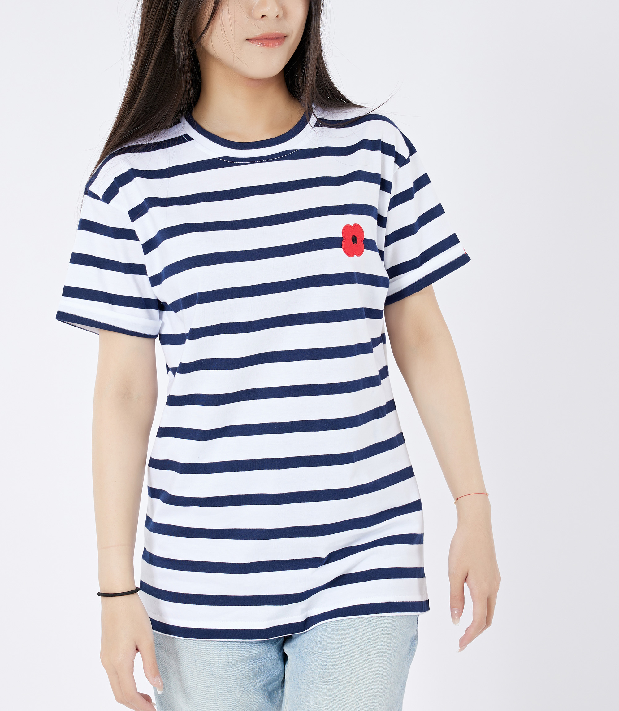 Monsieur Coquelicot 經典罌粟花純棉短袖T恤 (深藍條紋)