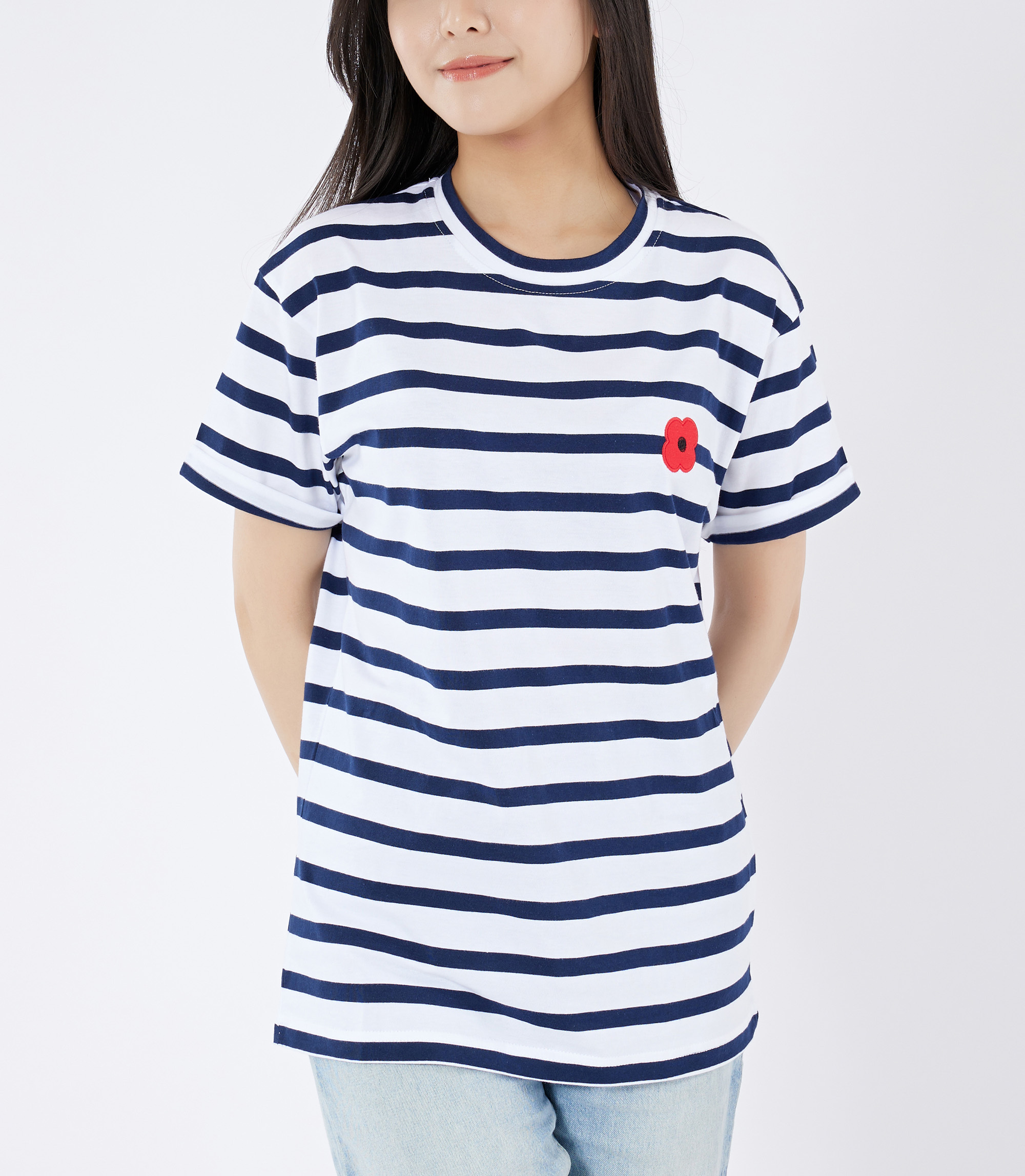 Monsieur Coquelicot 經典罌粟花純棉短袖T恤 (深藍條紋)