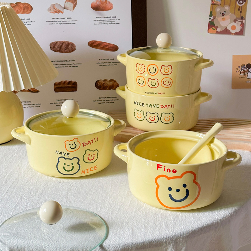 《3940》奶黃色小熊造型雙耳加蓋泡麵碗