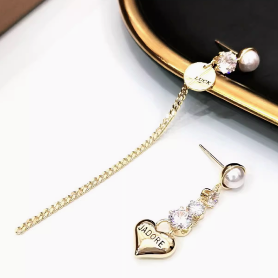 A/B Style Heart-Shaped Pearl & Cubic Zirconia Long Tassel Earrings