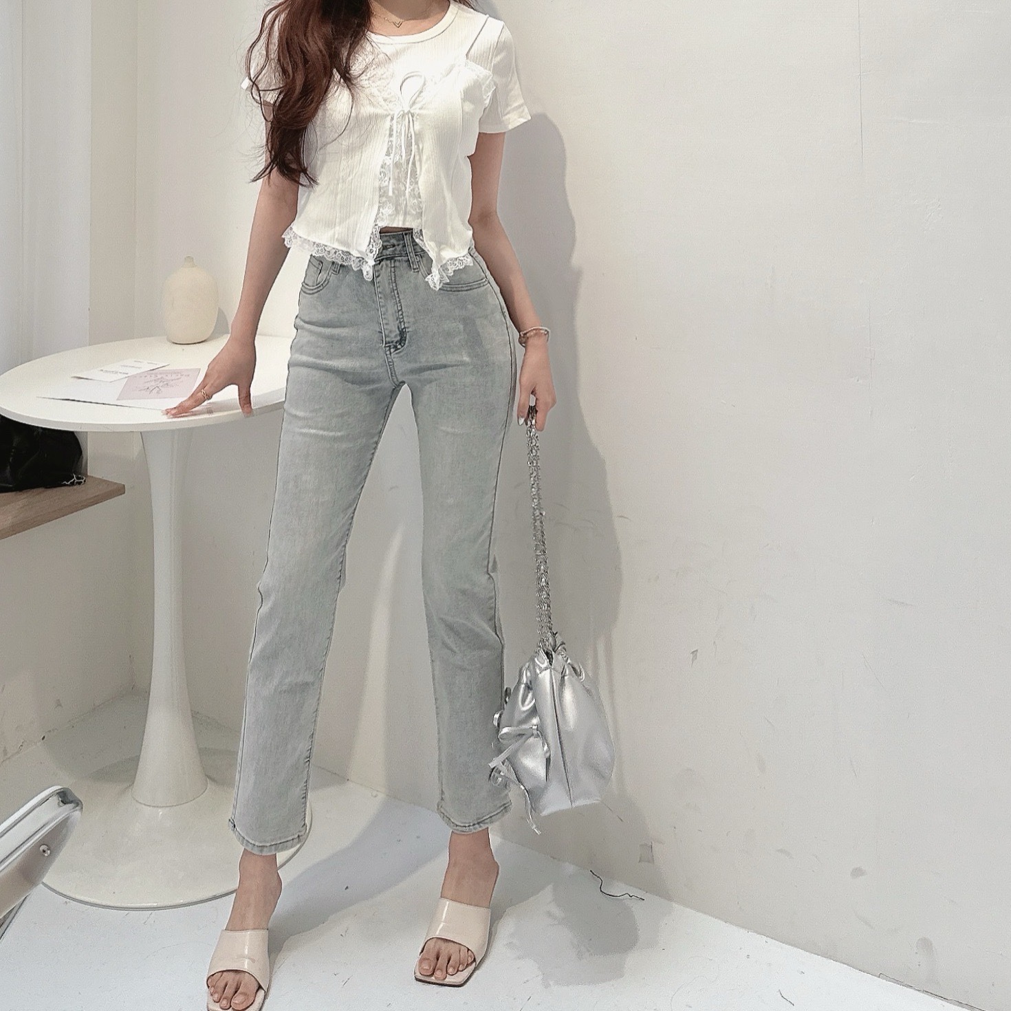 奶油色彈性直筒牛仔褲/三色/