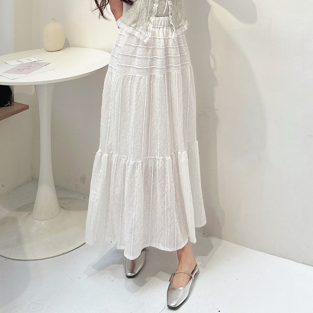 肌理蕾絲蛋糕長裙/單一色