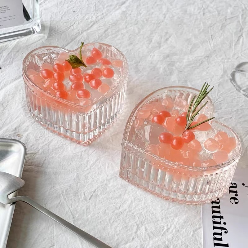 《3943》韓系風愛心豎紋玻璃甜點碗