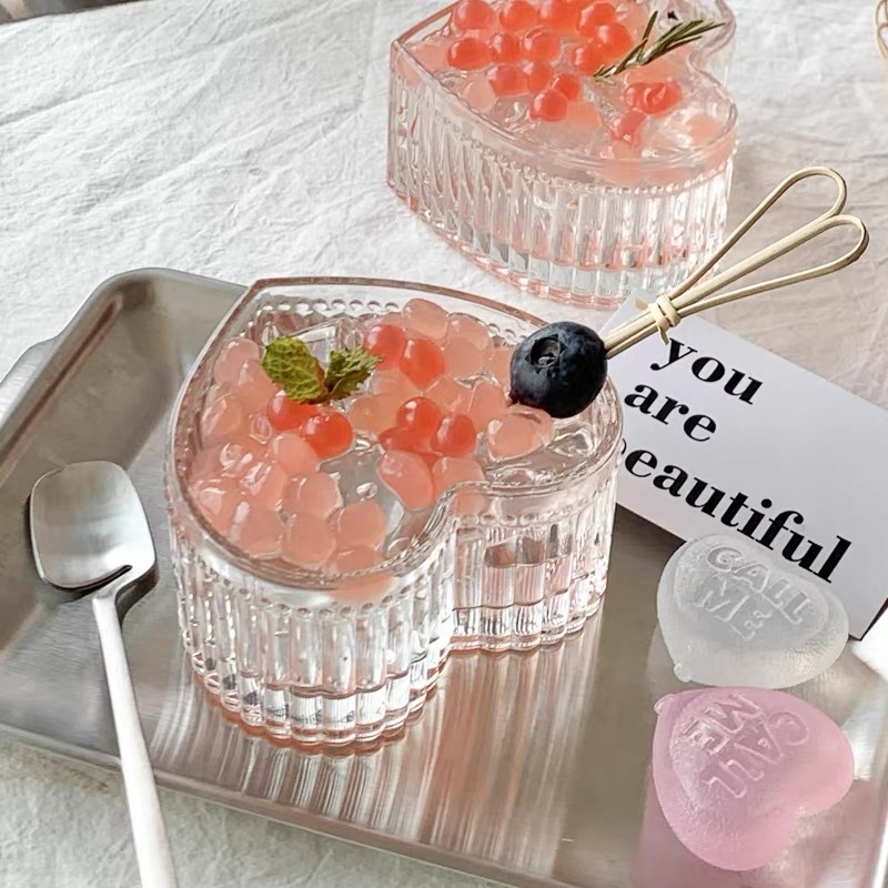 《3943》韓系風愛心豎紋玻璃甜點碗