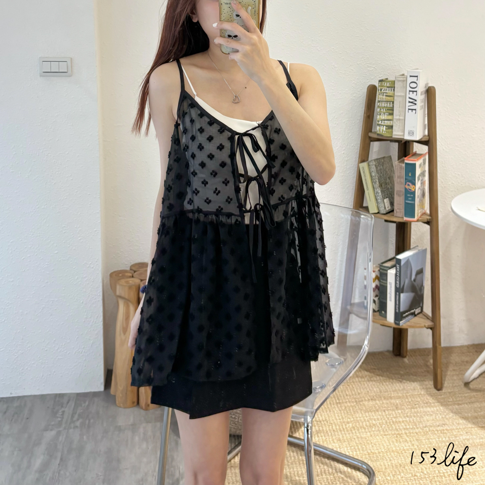 |現貨|立體小花前綁結透膚罩中長罩衫背心(2色)