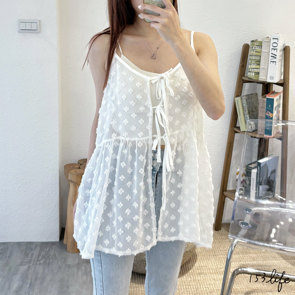 |現貨|立體小花前綁結透膚罩中長罩衫背心(2色)
