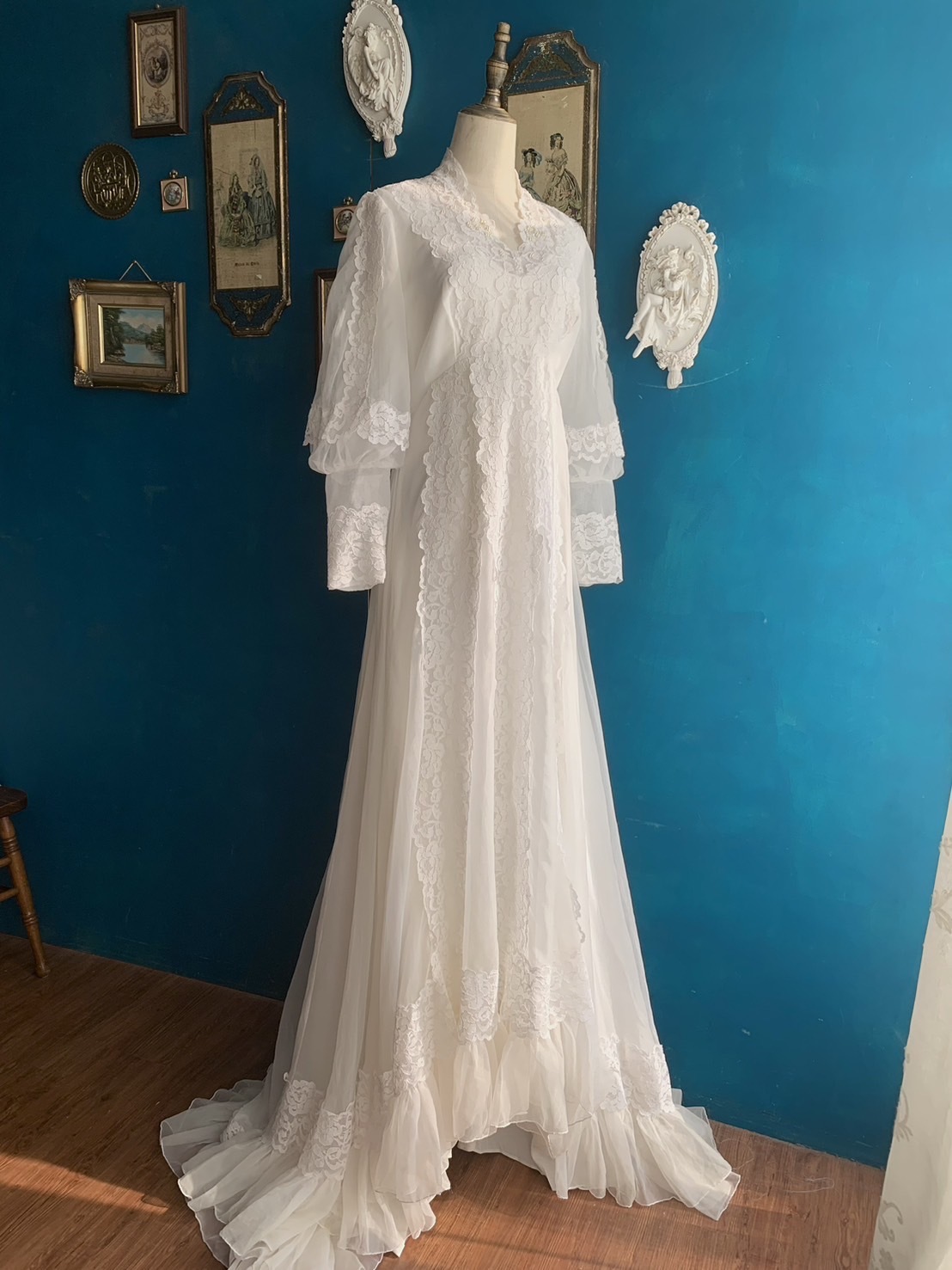 Vintage Wedding-Dress/古著美製羊腿袖胸拼蕾絲拖擺婚紗