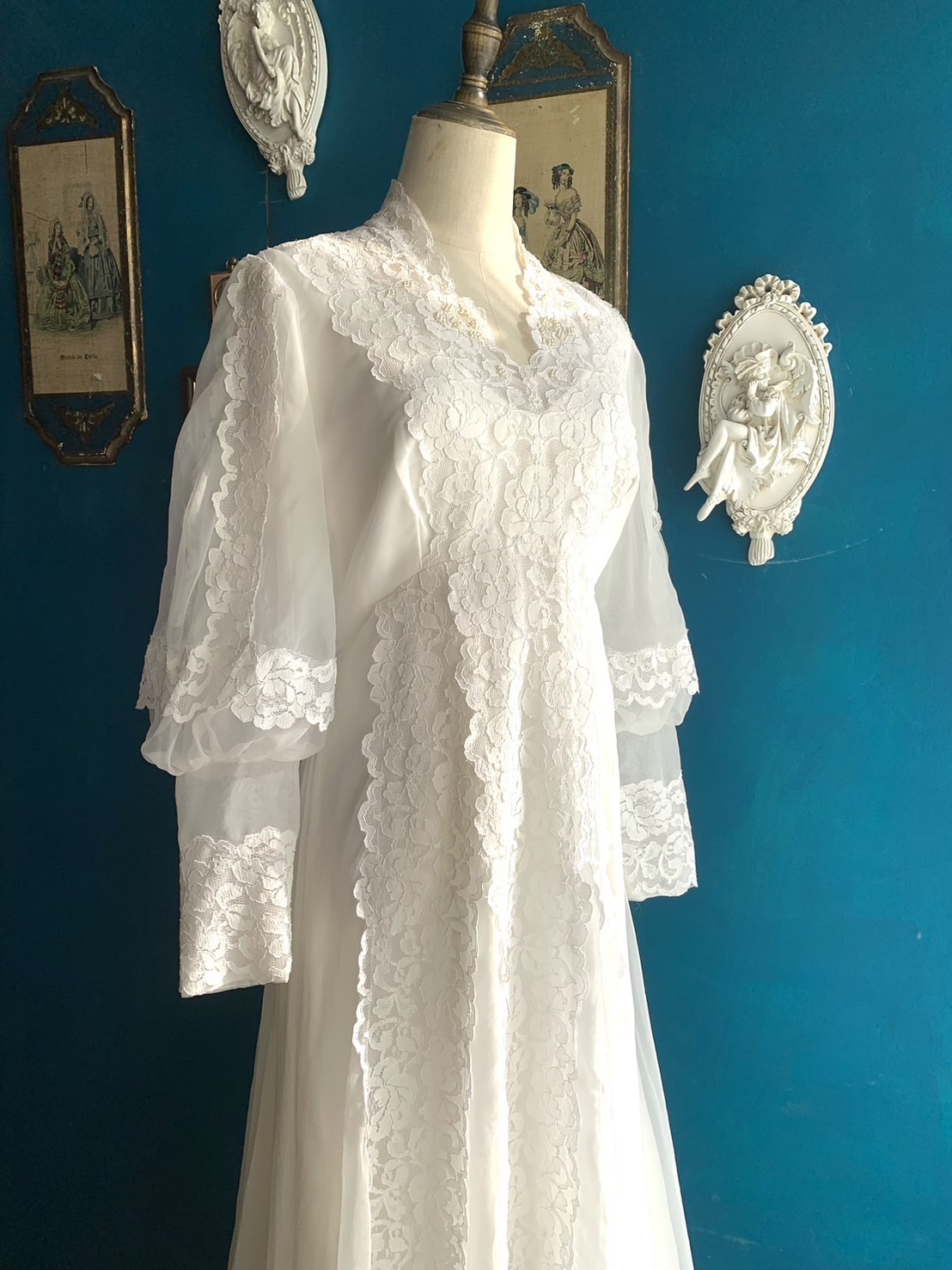 Vintage Wedding-Dress/古著美製羊腿袖胸拼蕾絲拖擺婚紗