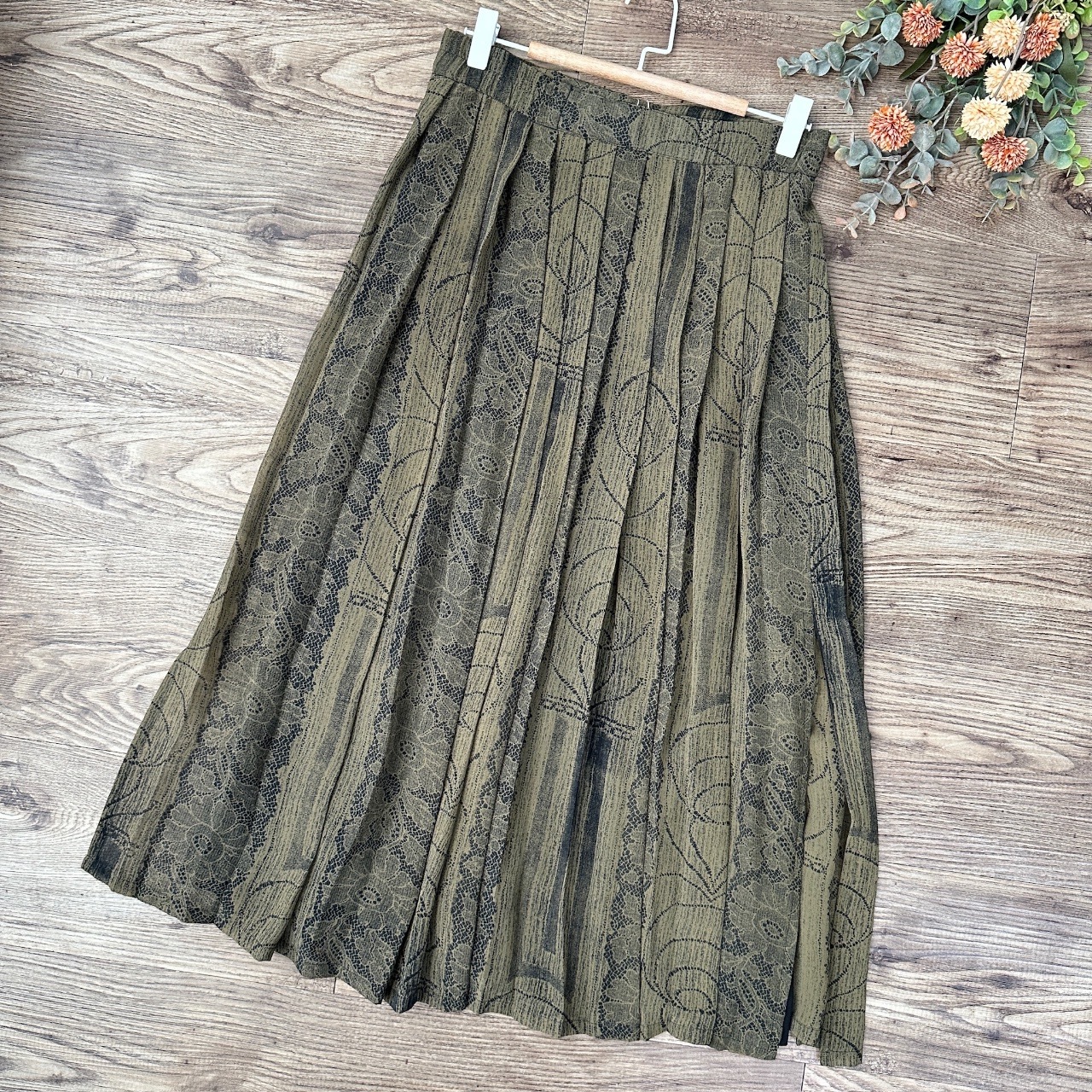 墨綠色大花圖案古著半身裙