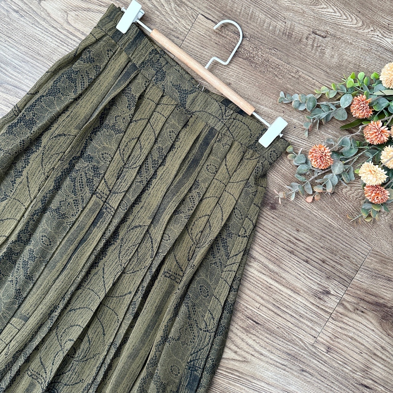 墨綠色大花圖案古著半身裙