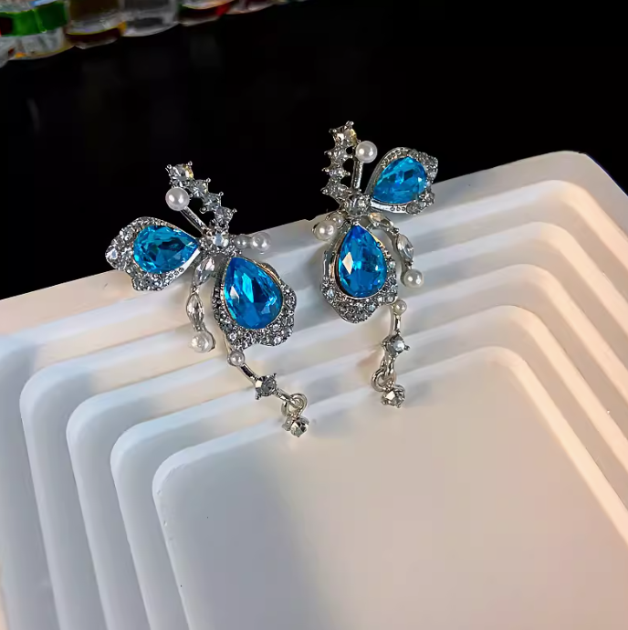 Glacier Blue Butterfly Zircon Pearl Earrings