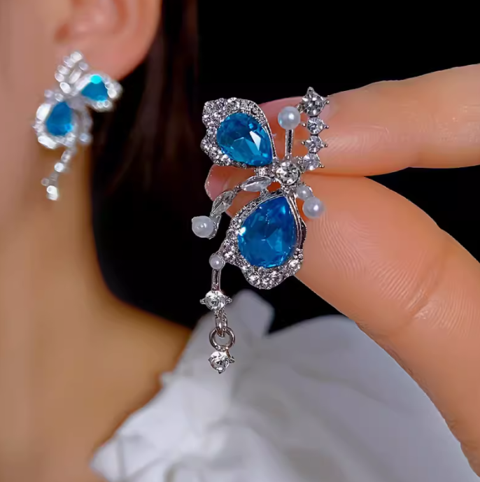 Glacier Blue Butterfly Zircon Pearl Earrings