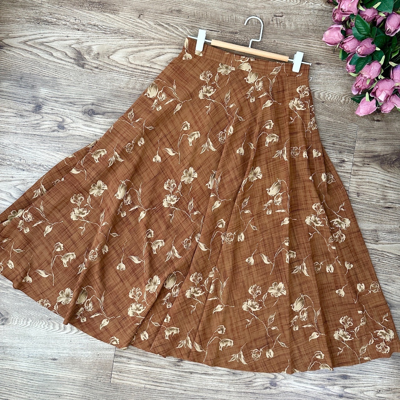 日本製文青系啡色格紋花裙