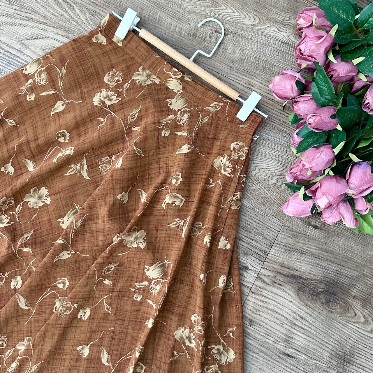 日本製文青系啡色格紋花裙