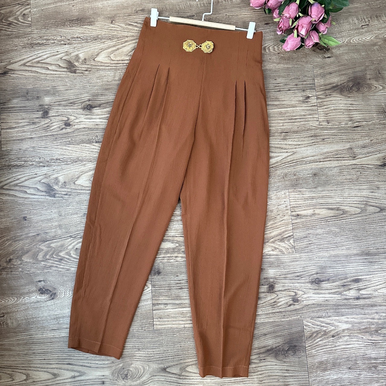 啡色薄身高腰古著長褲