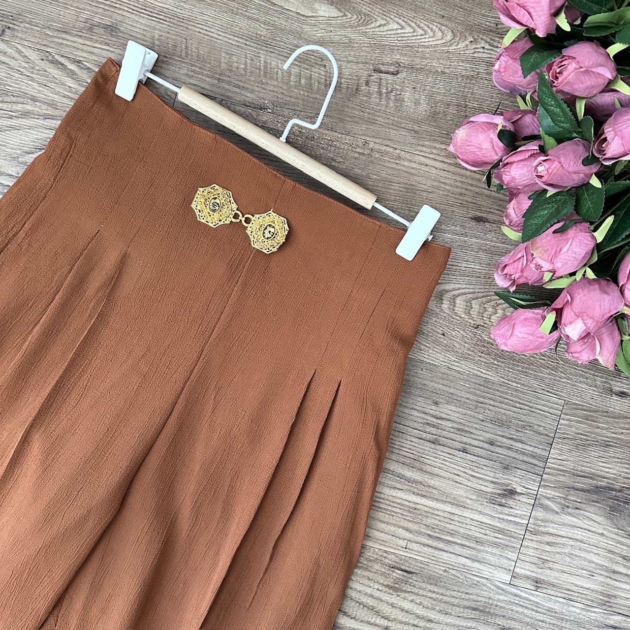 啡色薄身高腰古著長褲