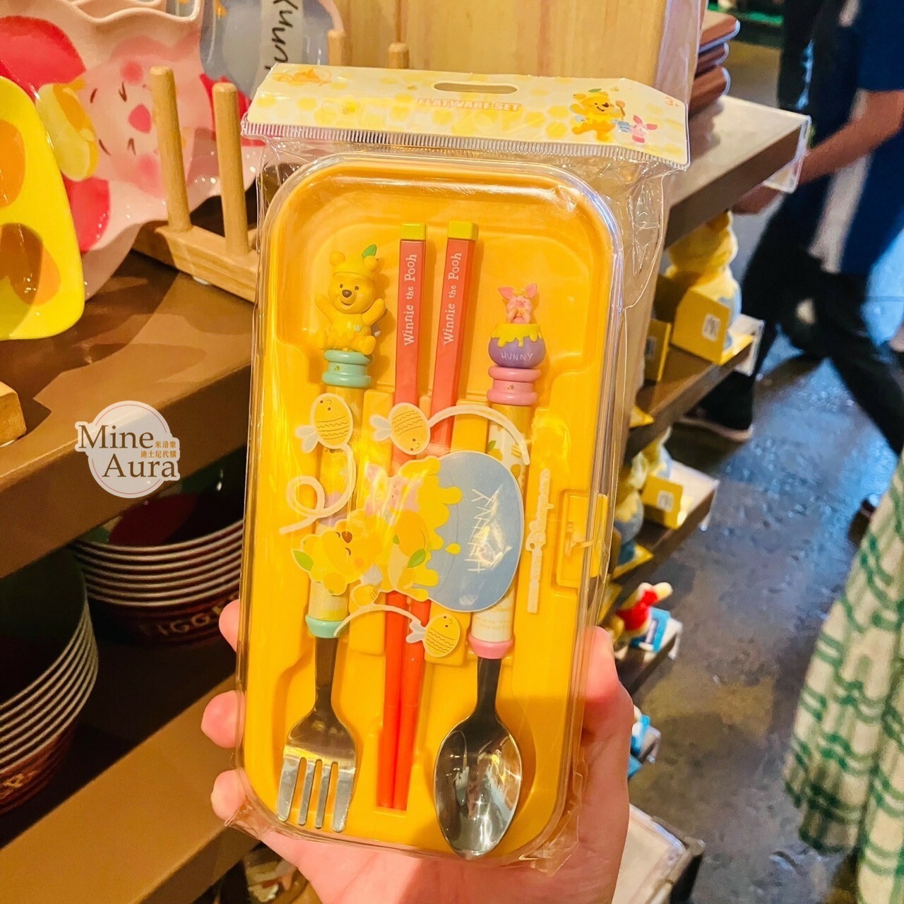 春日系列 小熊維尼 Winnie the Pooh 小豬 皮傑 piglet 立體造型 叉子+湯匙+筷子 餐具 收納盒 組 -香港迪士尼樂園
