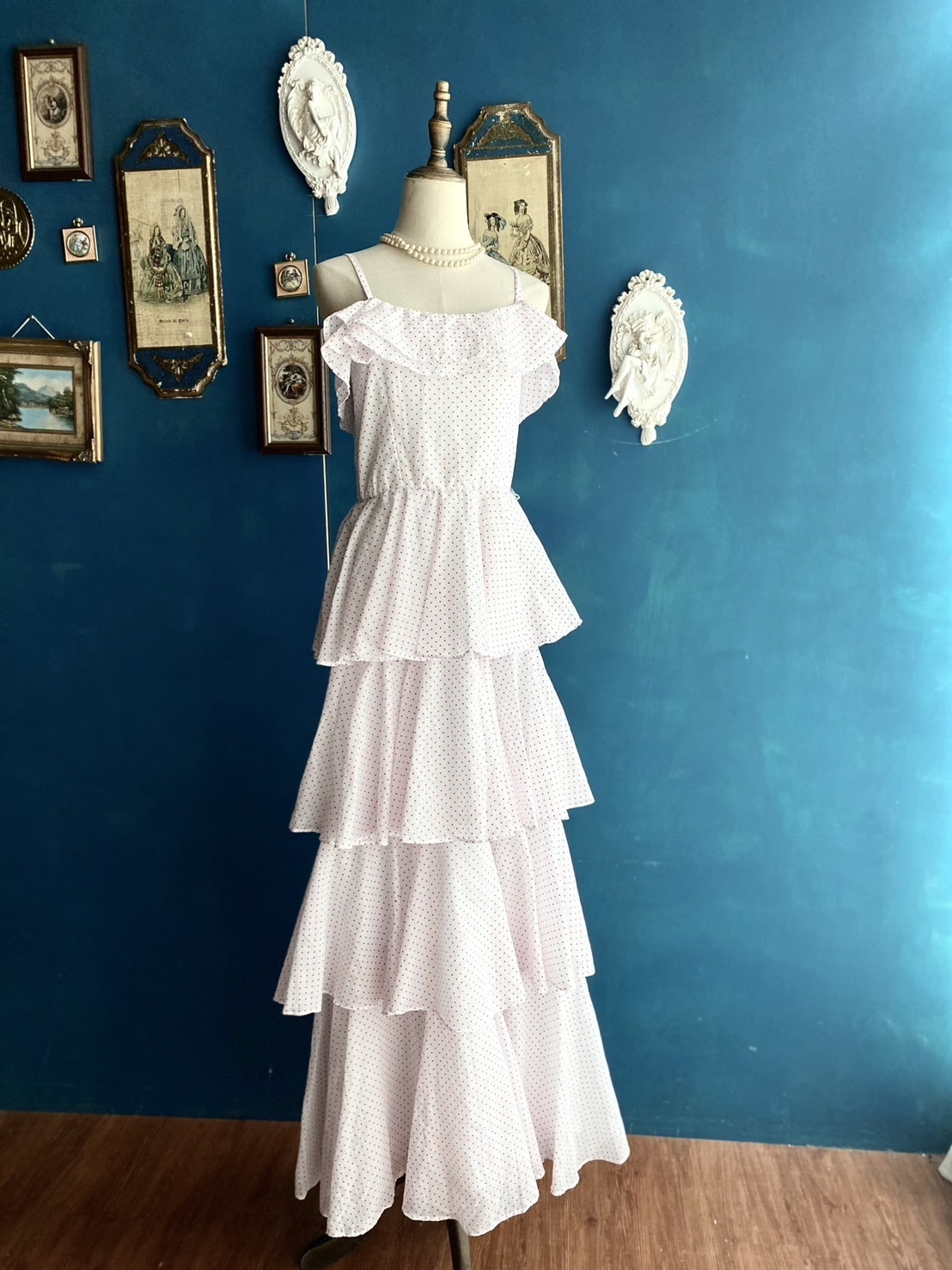 Vintage Dress/古著小紅點細肩蛋糕裙擺洋裝