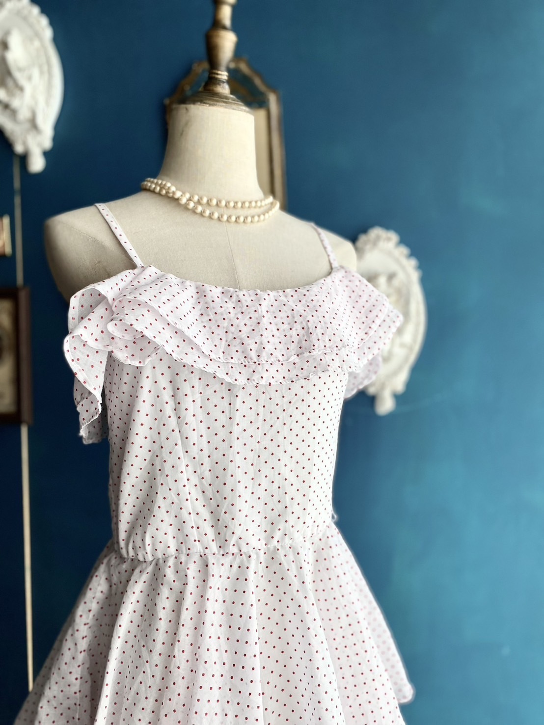 Vintage Dress/古著小紅點細肩蛋糕裙擺洋裝