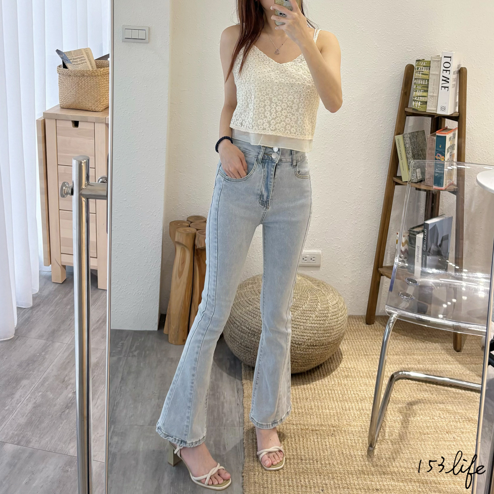 雙釦高腰合身微喇叭褲(S-L)