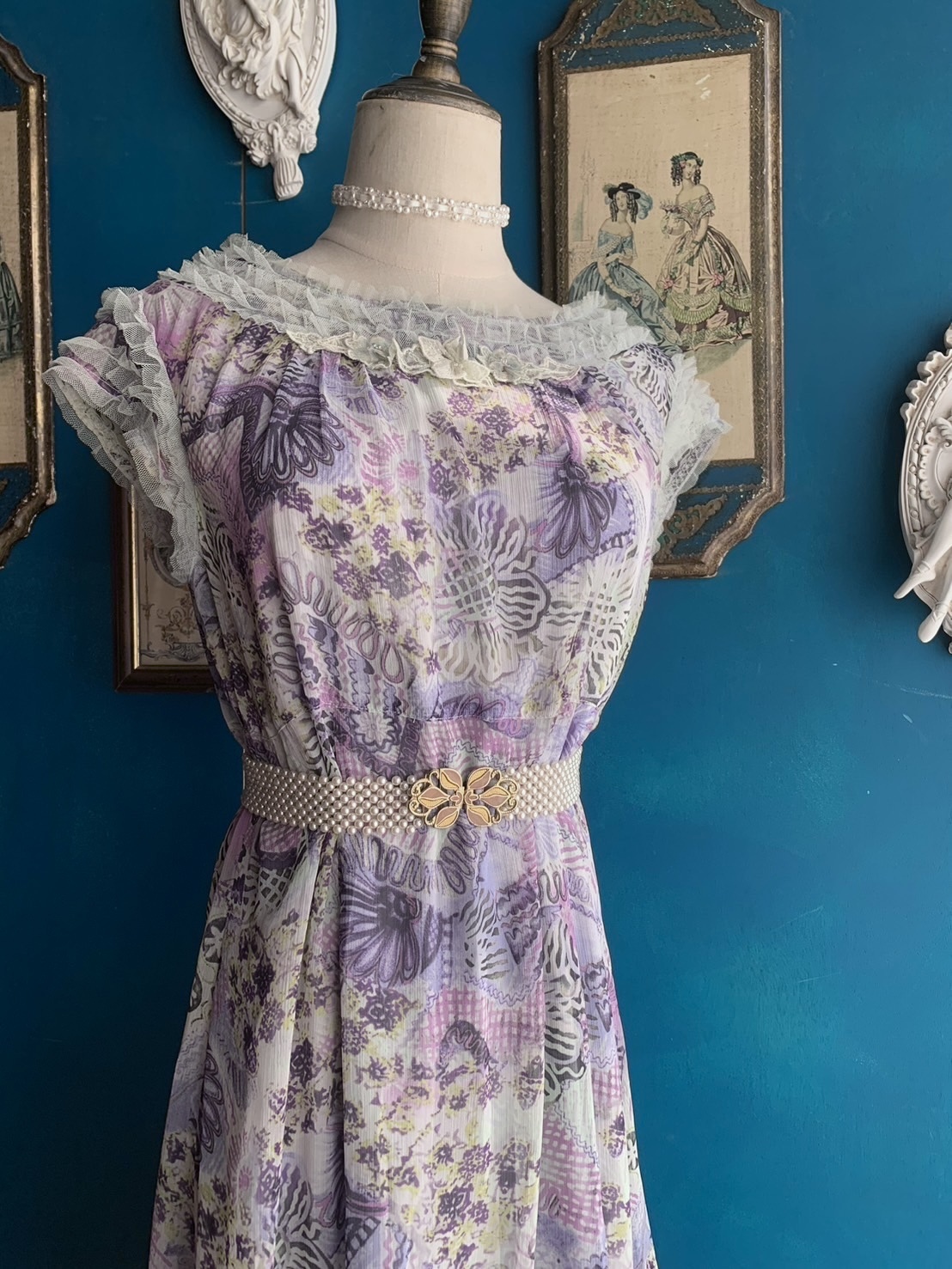 Vintage Dress/古著紫色水彩風荷葉領無袖洋裝