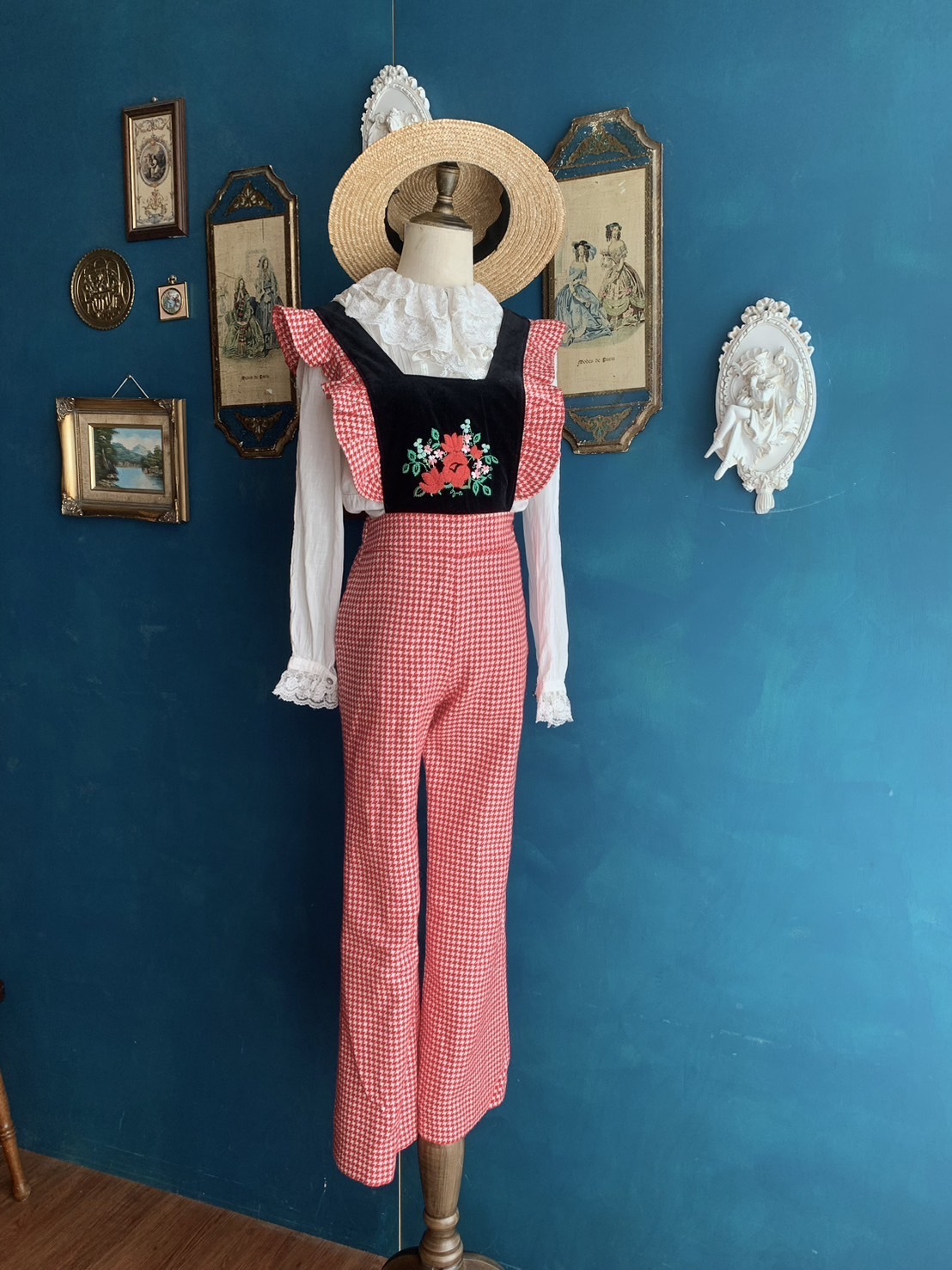 Vintage Dress/古著日本製千鳥格”童裝“吊帶褲