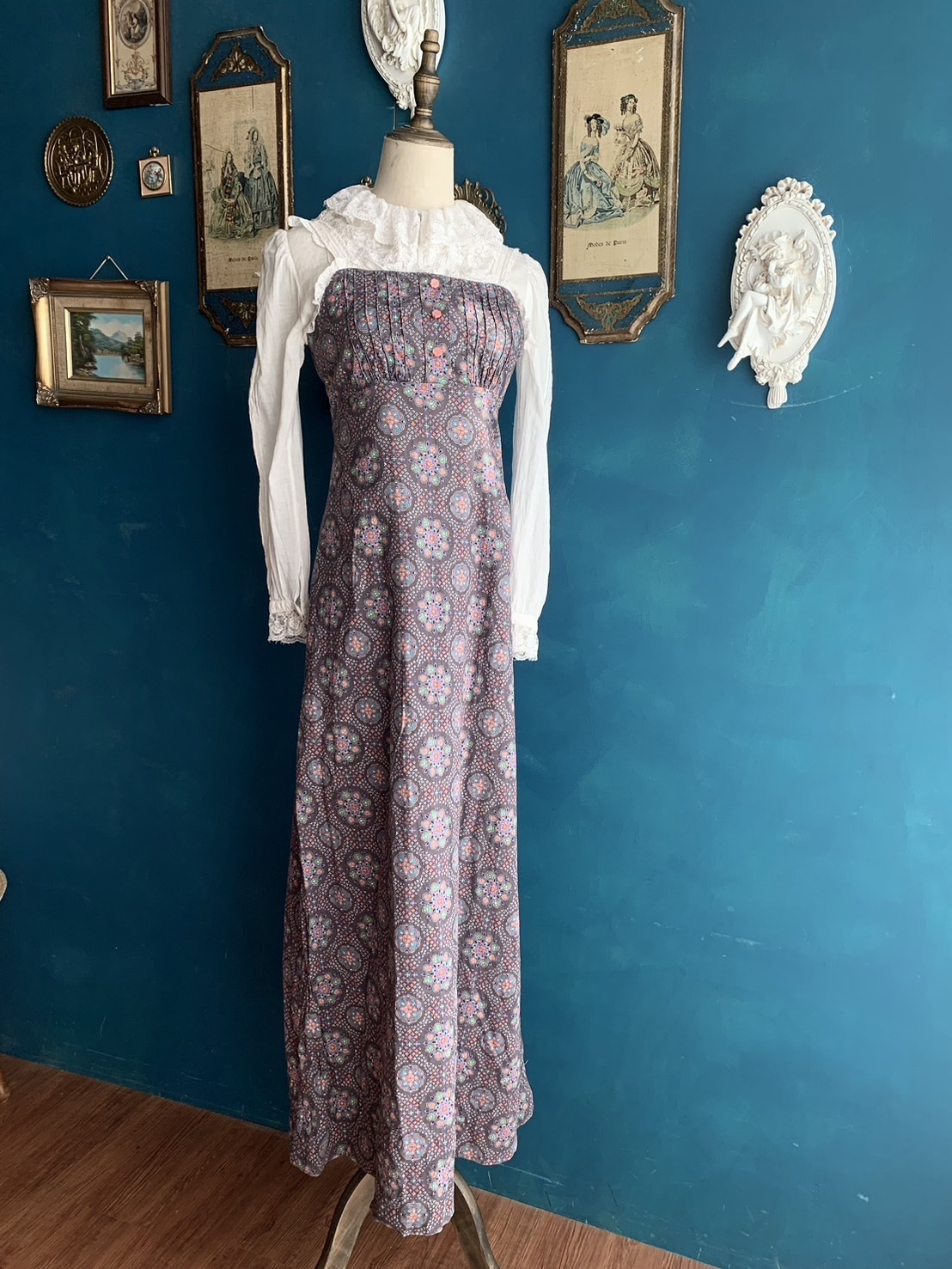 Vintage Dress/古著咖紫色圖騰蕾絲細肩洋裝