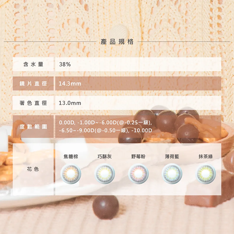 博士倫,蕾絲漾眸,月拋,冰淇淋,抹茶綠,焦糖棕,巧酥灰,野莓粉,薄荷藍