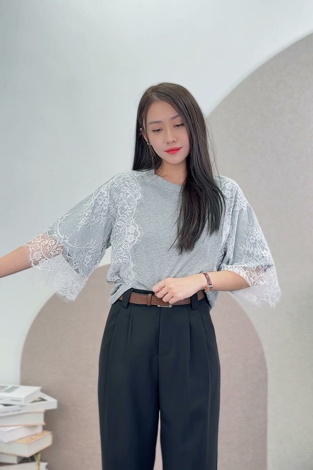 TOP#5906 🤍飛袖lace tee