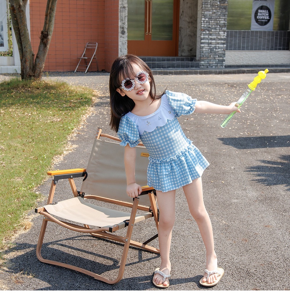 清新格子花邊領泳衣