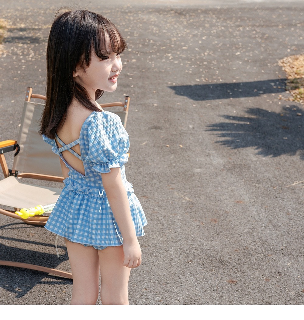 清新格子花邊領泳衣