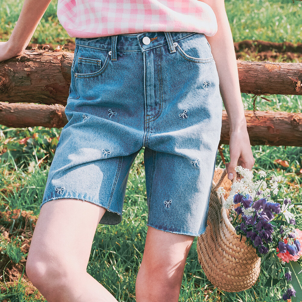 RONRON RIBBON PRINTED DENIM HALF PANTS