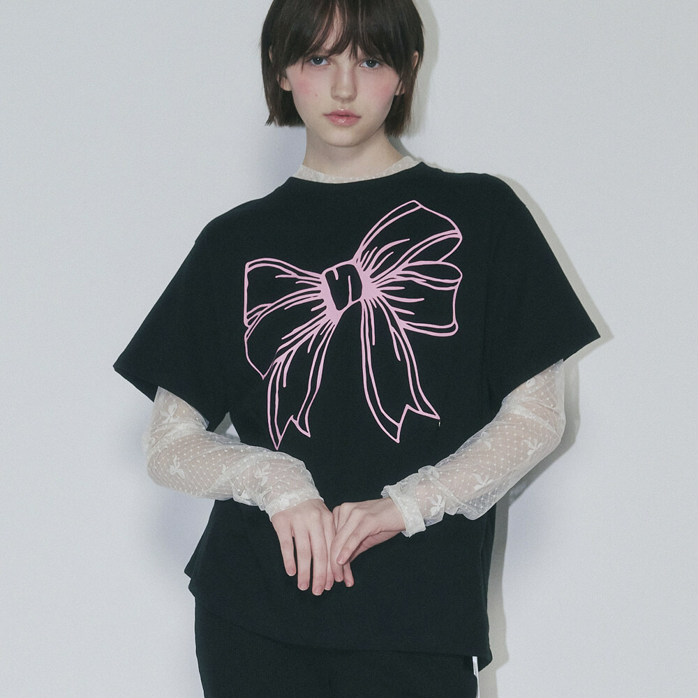 ronron - BIG RIBBON LINE T SHIRT (BLACK PINK)