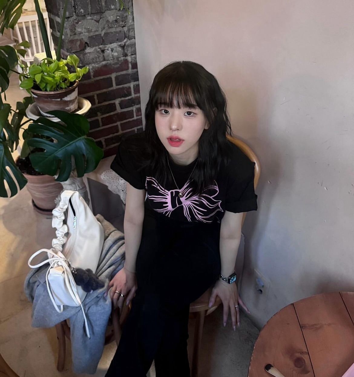 ronron - BIG RIBBON LINE T SHIRT (BLACK PINK)