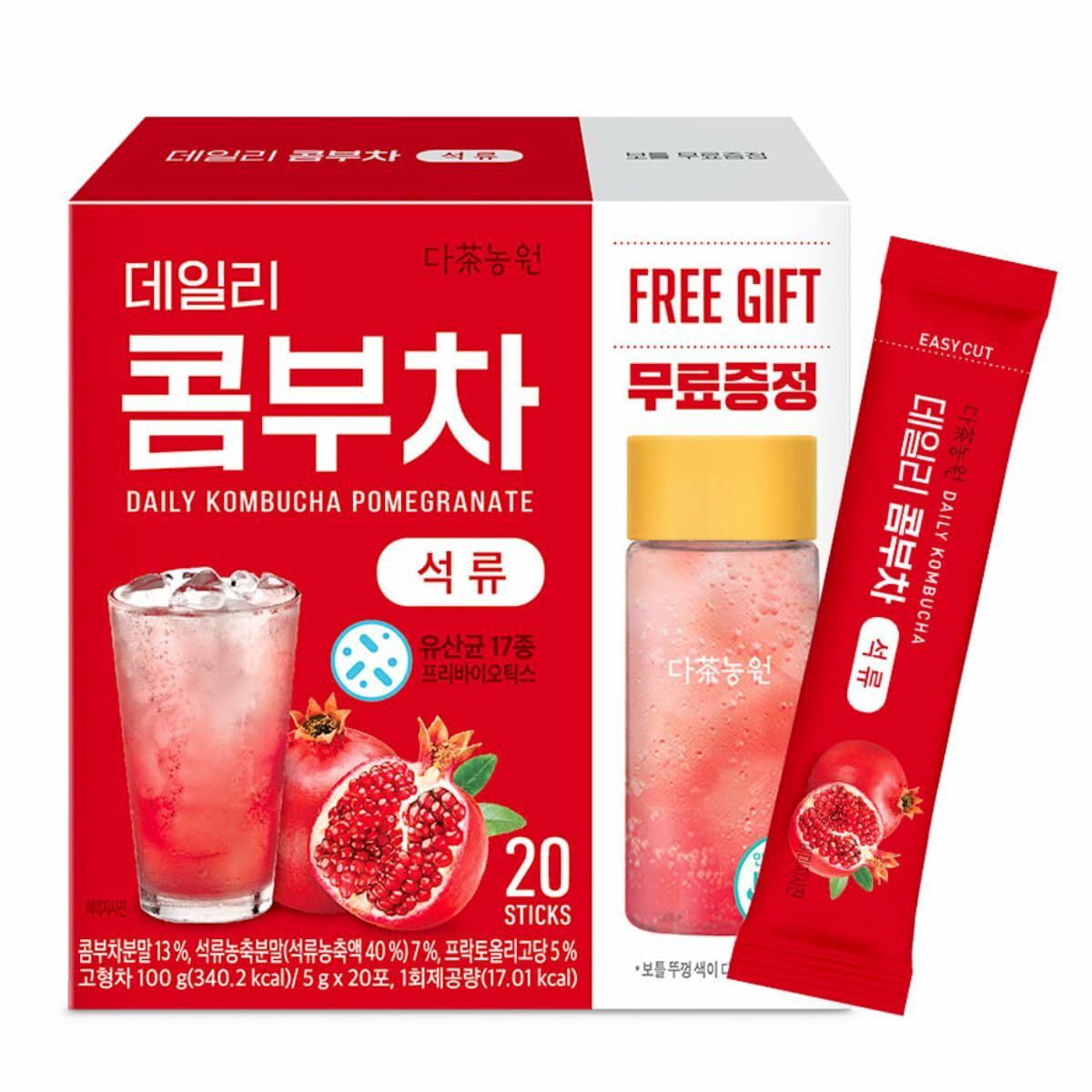 Korea Danongwon Daily Kombucha 20 sticks with Free Gift Bottle - Pomegranate random packag