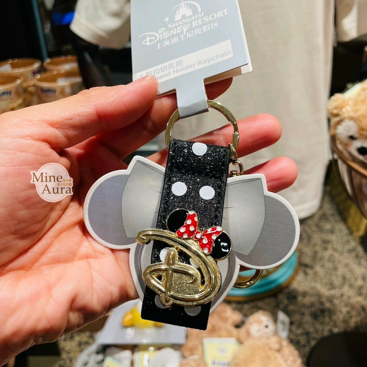 迪士尼 Disney 經典標誌 D Logo 米妮 Minnie 黑底點點 鑰匙圈 吊飾 髮圈髮箍 固定環 -上海迪士尼樂園