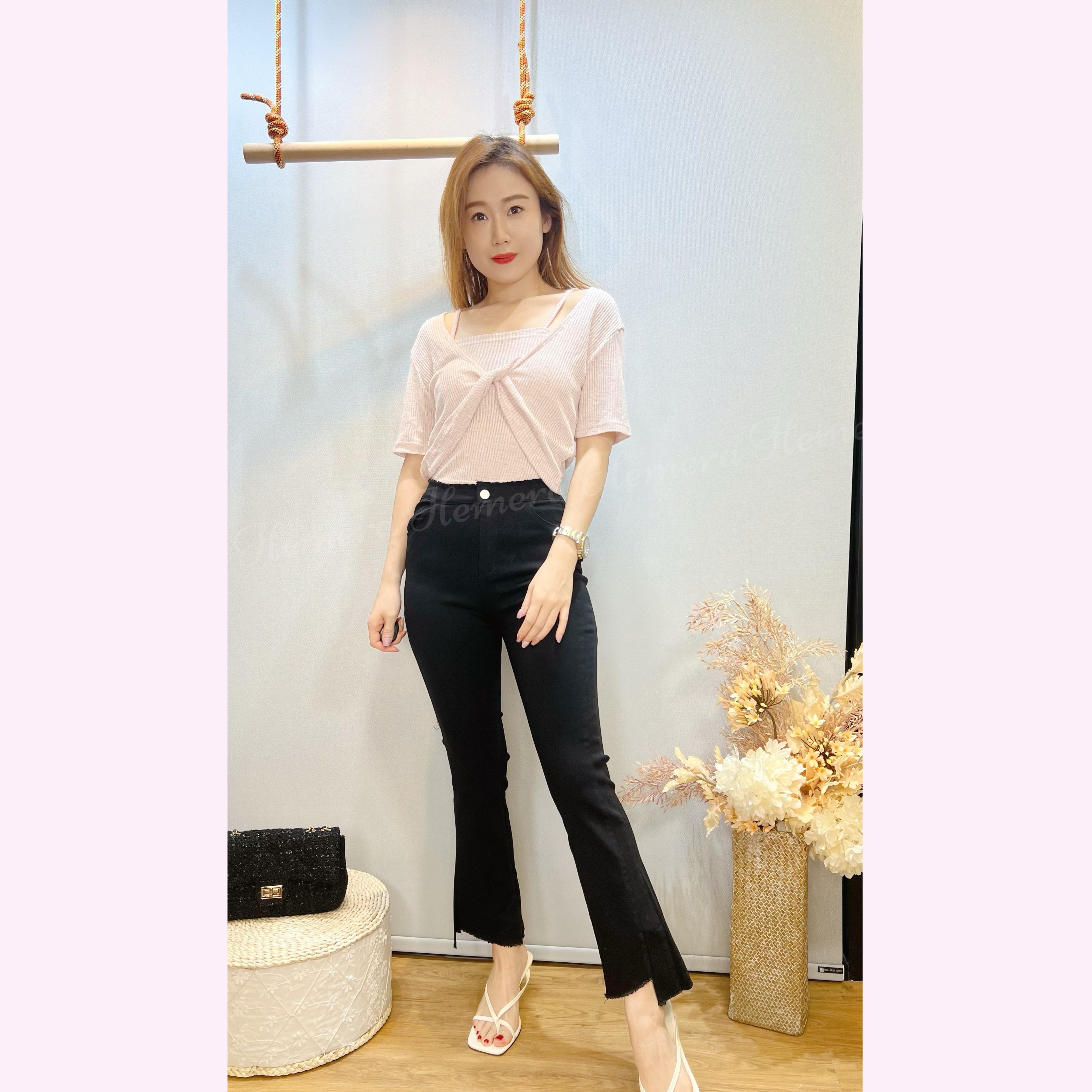 ST24W0412 甜美吊帶背心連短袖扭結套裝