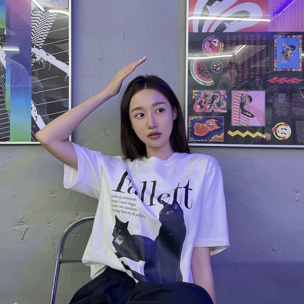 FALLETT 黑貓貓印花Short Sleeve Tee ( 4色入)