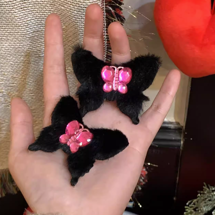 [4 FOR RM10] Cute Black and Pink Furry Butterfly Hair Clip