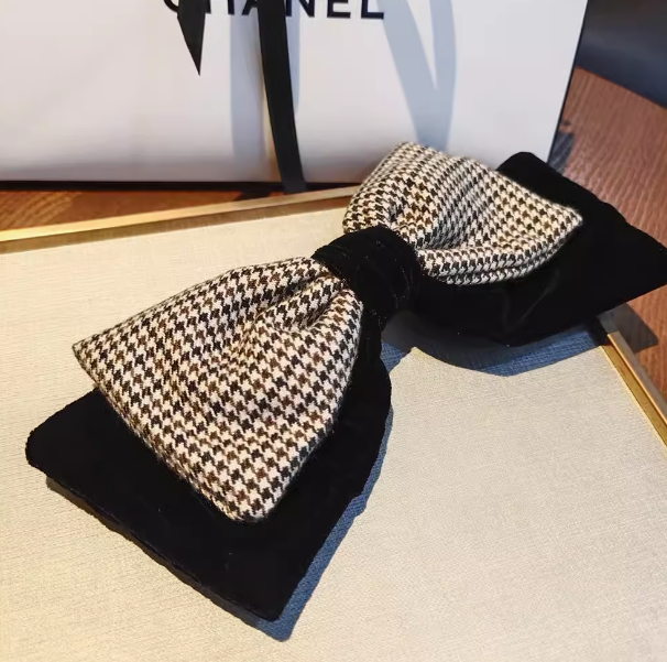 [2 FOR RM10] Checkered Fabric Velvet Large Bow Hair Clip