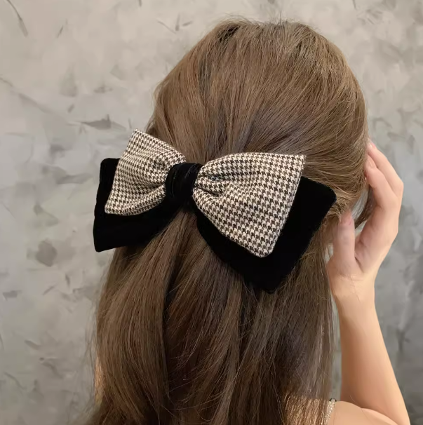[2 FOR RM10] Checkered Fabric Velvet Large Bow Hair Clip