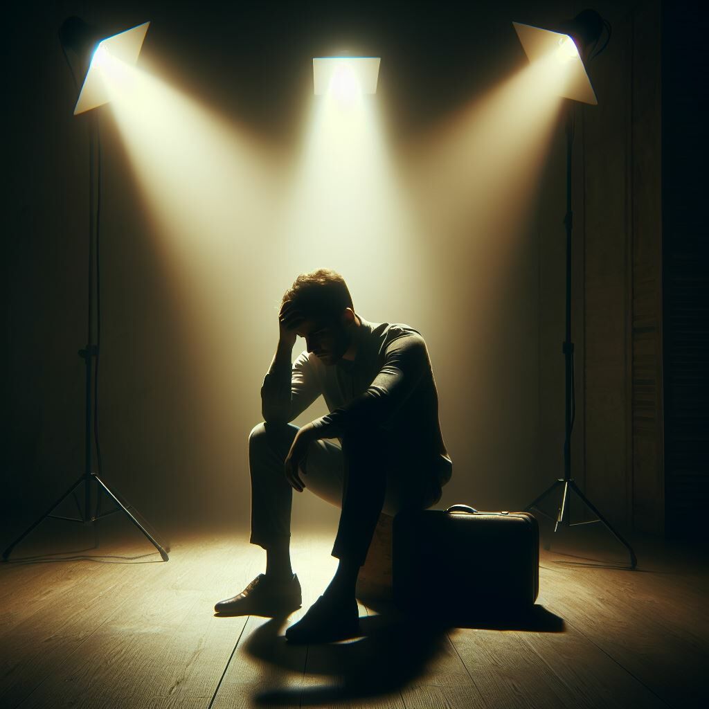 一位無性戀者獨自坐在地上，幾束燈光照在他身上，突顯出落寞孤單的背影
