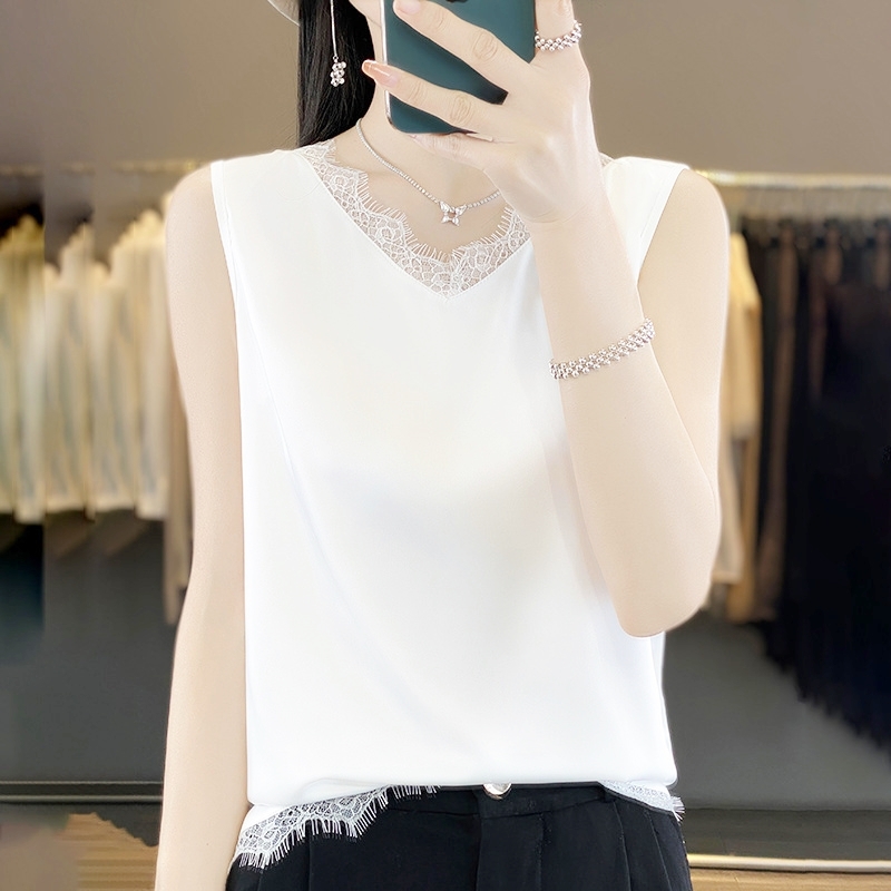 睫毛蕾絲仿緞背心 三色