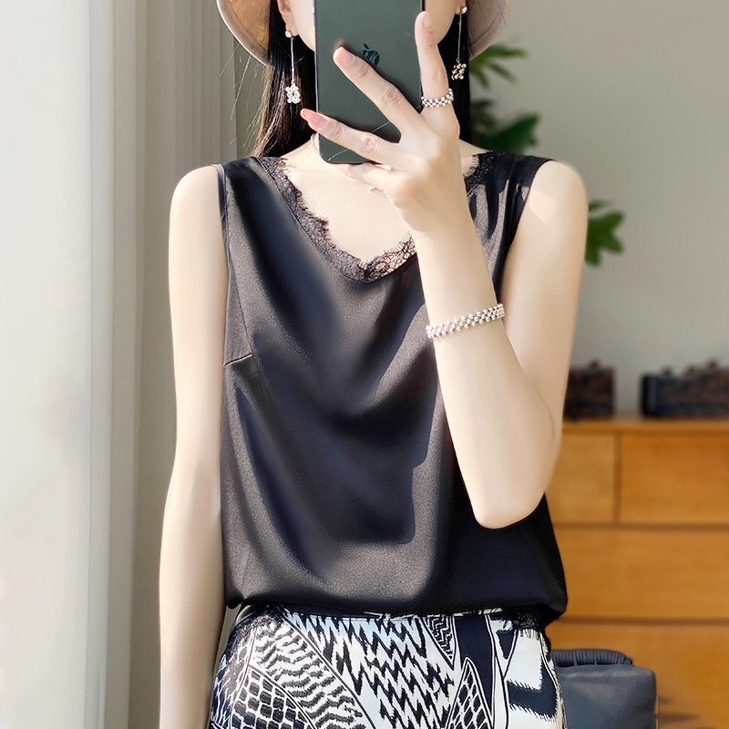 睫毛蕾絲仿緞背心 三色