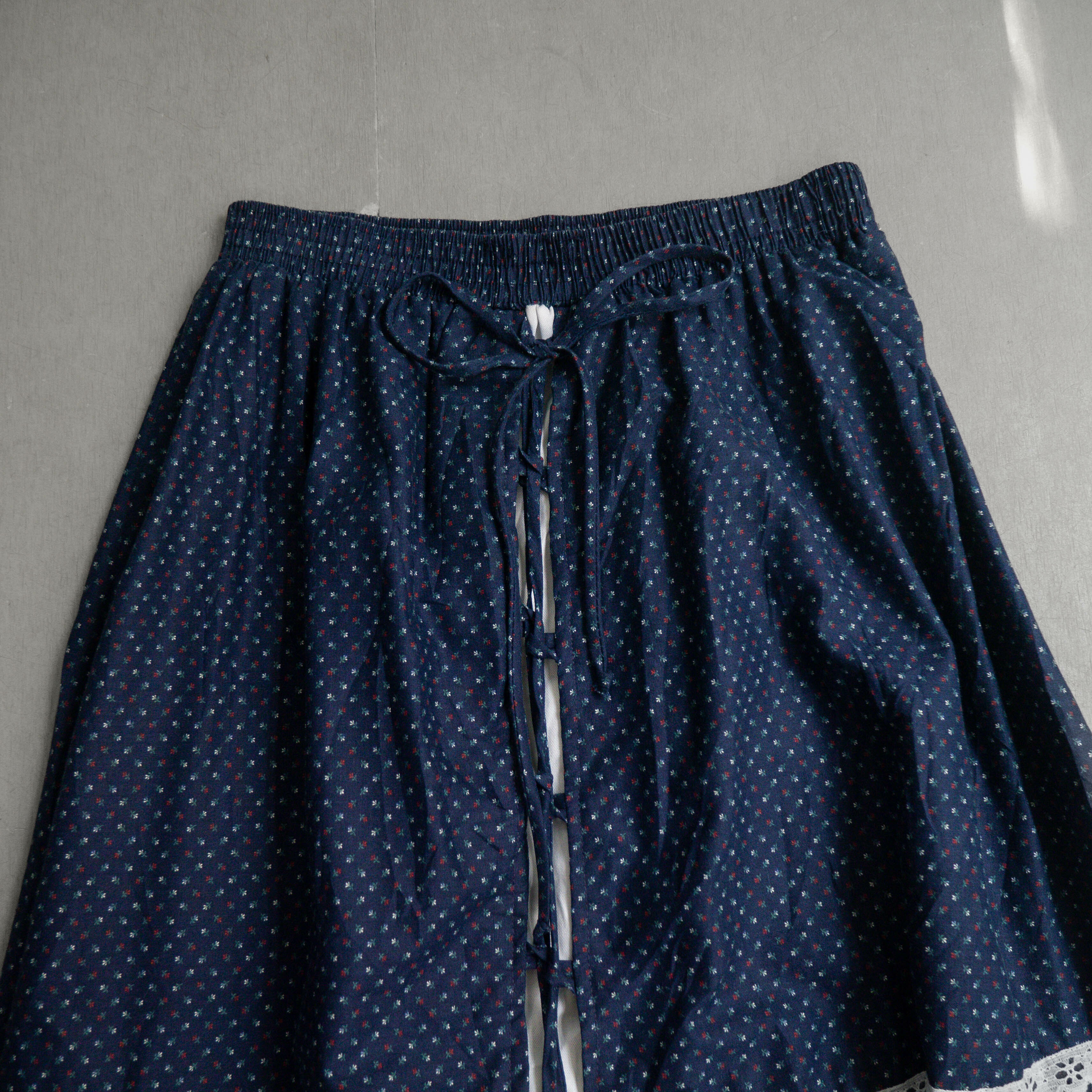 VINTAGE MIDI SKIRTS 美國 深藍 碎花 蕾絲 鬆緊帶 長裙 裙子