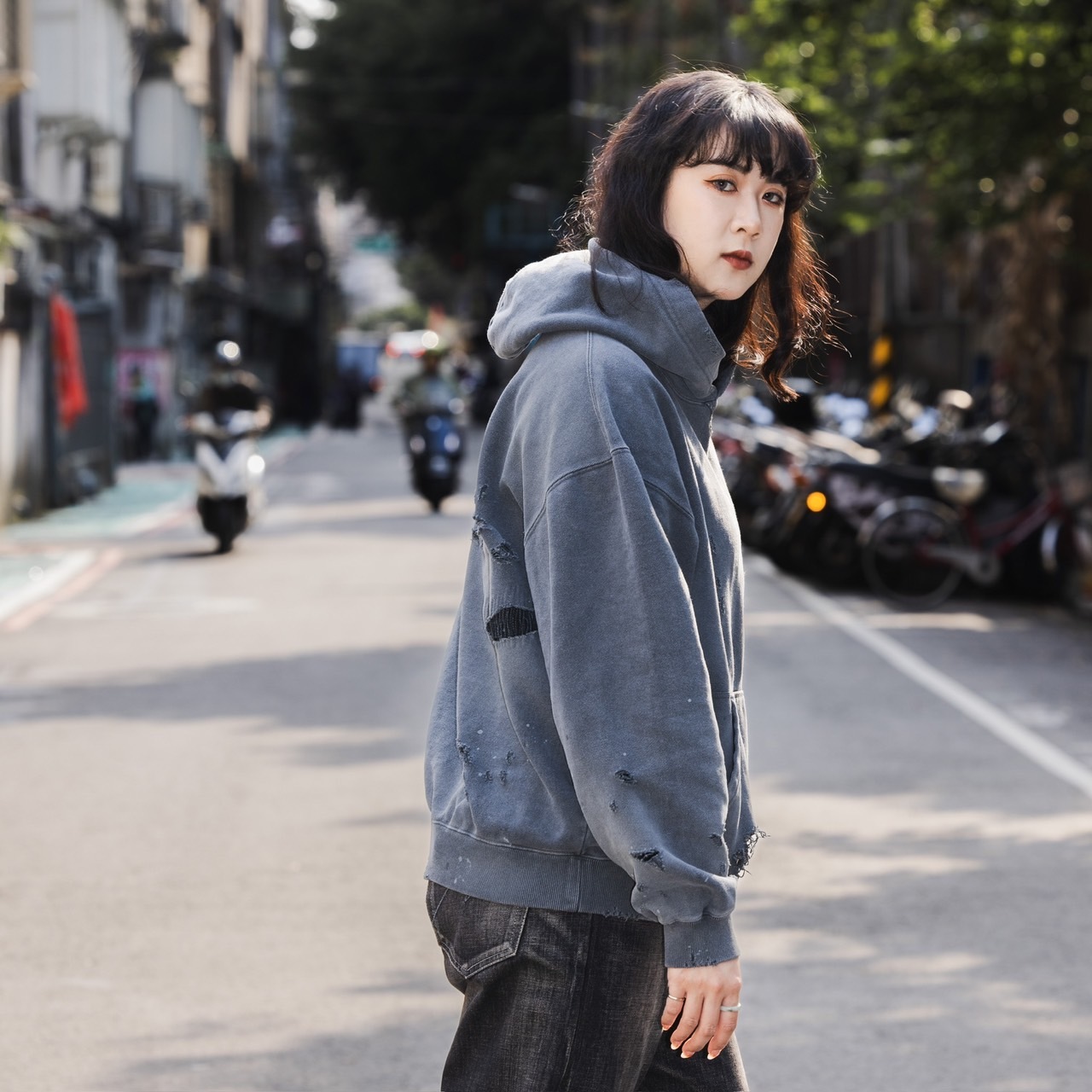 NEIGHBORHOOD SAVAGE SWEAT PARKA LS NBHD 破壞仿舊刷色帽T 黑/灰-
