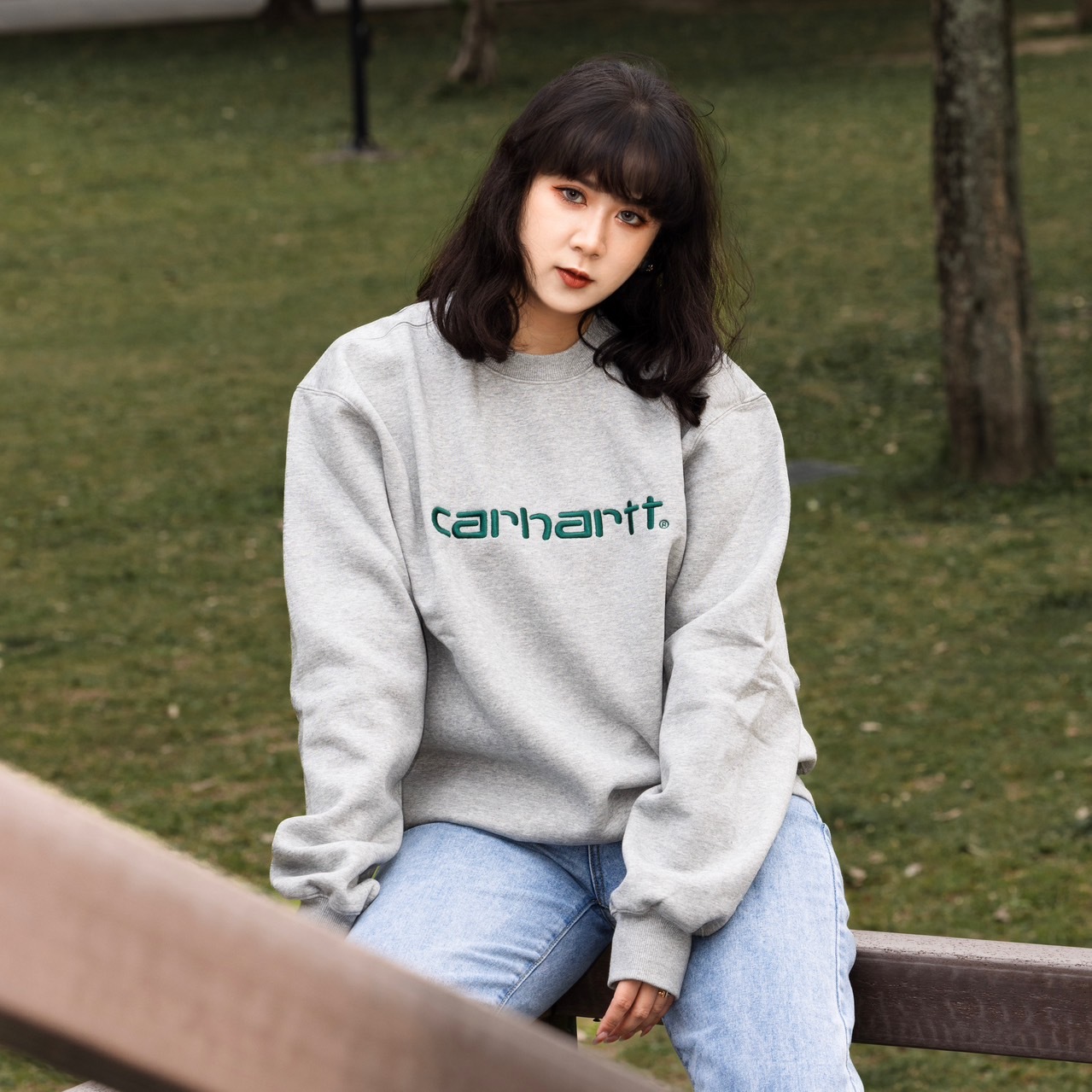 -(E2e04)-CARHARTT WIP LOOSE FIT SCRIPT SWEAT 大字衛衣 鋪棉 灰綠-I030546_24F_XX