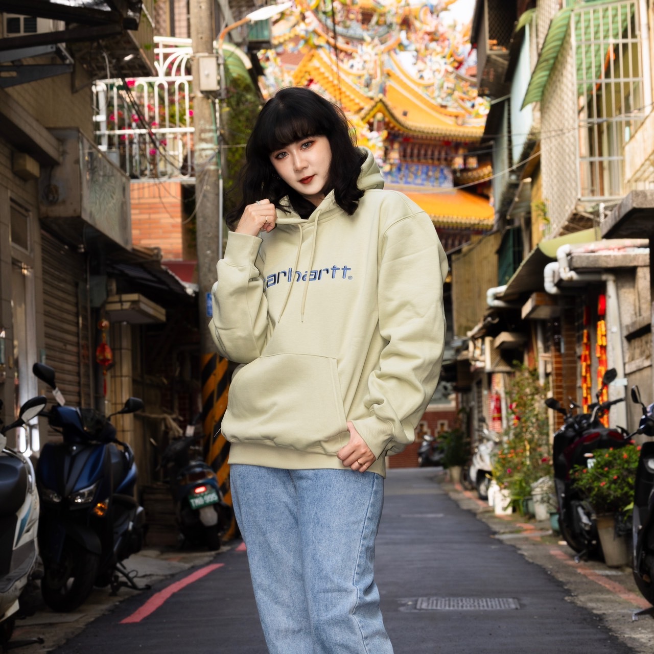 -(E6e02)-CARHARTT WIP HOODED SWEATSHIRT 經典款 大字 刺繡 LOGO 鋪棉 帽T 米綠-I030547_24G_XX