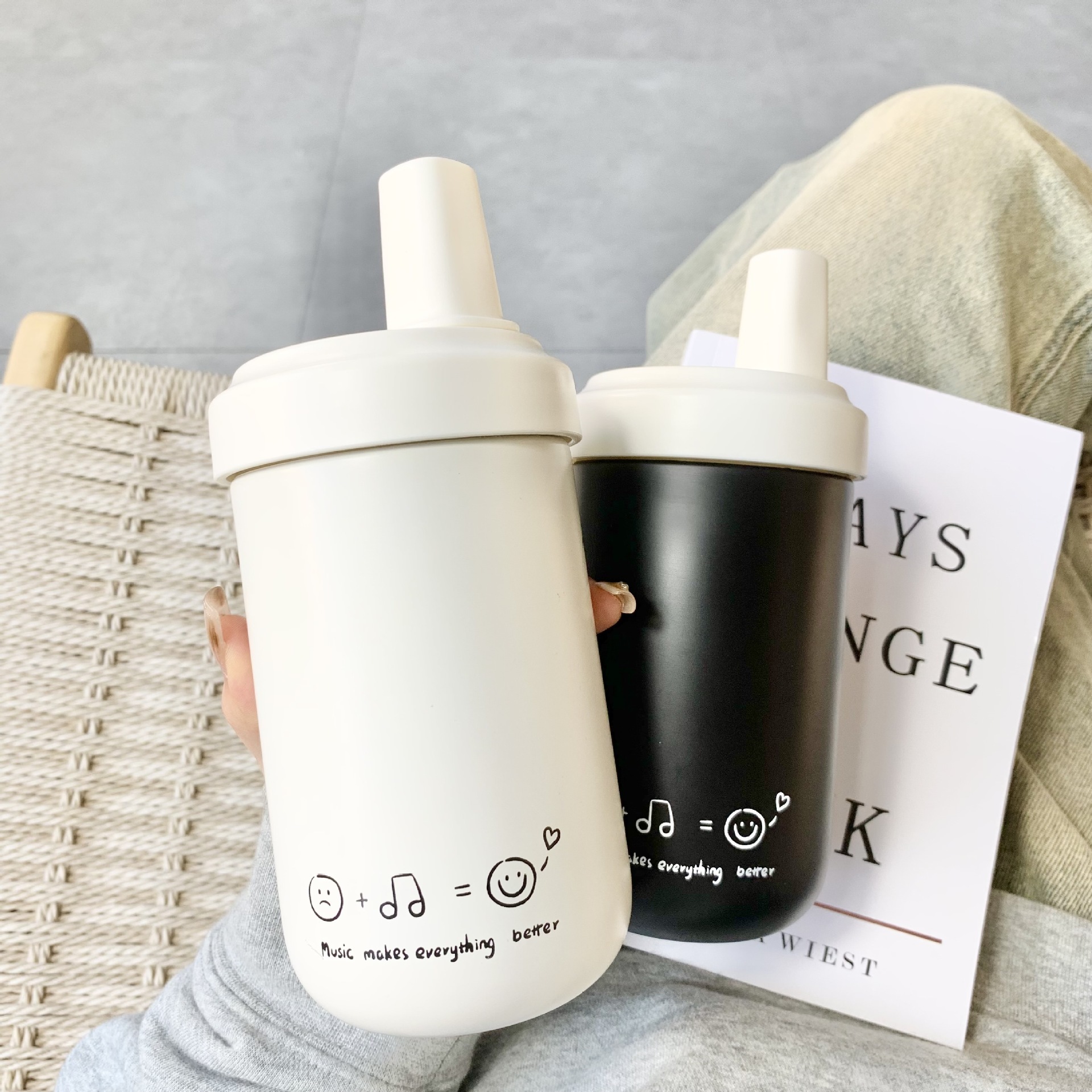 《3953》米黑笑臉不鏽鋼珍奶吸管杯420ML